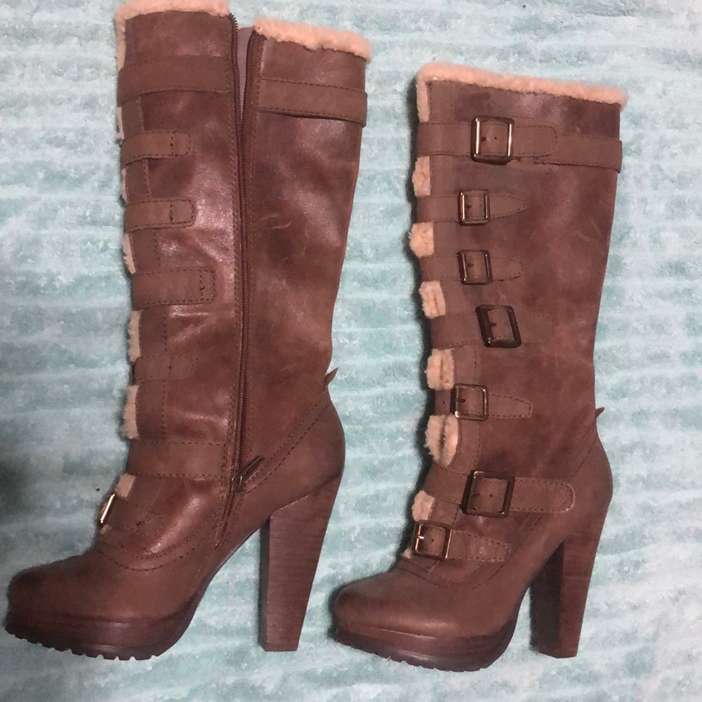 Brown heeled mid calf boots